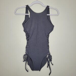 Raising Wild gray ribbed open low back lace up side one piece swimsuit size XS